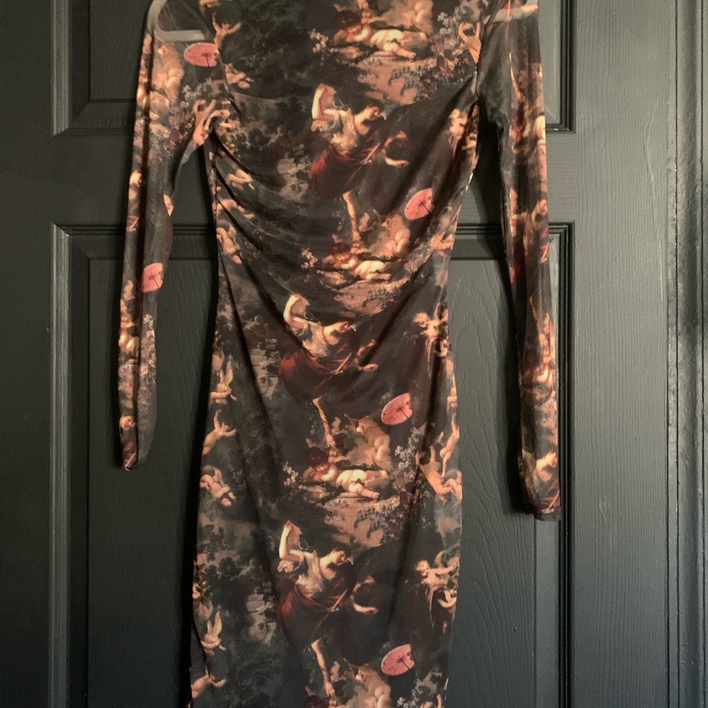 Long Sleeve Artistic Print Bodycon Dress - Black/Rust